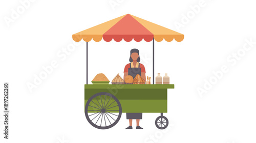 Woman Selling Fresh Fruit from Cart.