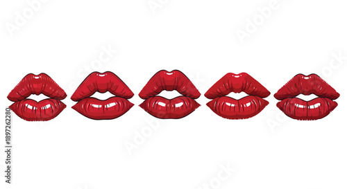 Row of five vibrant red lips with glossy finish.