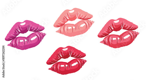 Vibrant collection of glossy lip prints in various shades of pink and red.