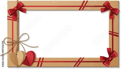 Gift box frame with red bows and heart ornaments