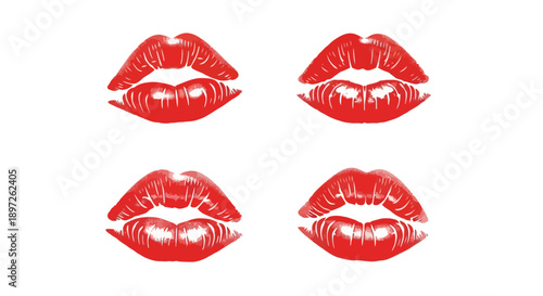 Four vibrant red lipstick kiss marks on a white background.