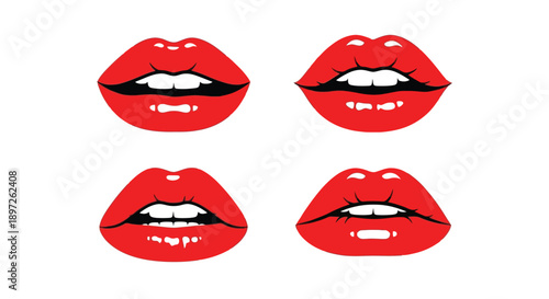 Four vibrant red lips with white teeth on a clean background.