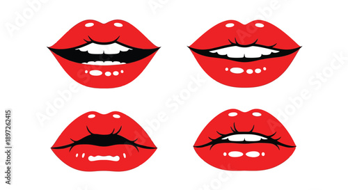 Vibrant Red Lips Collection - Four Distinct Poses of Sensual Mouths.
