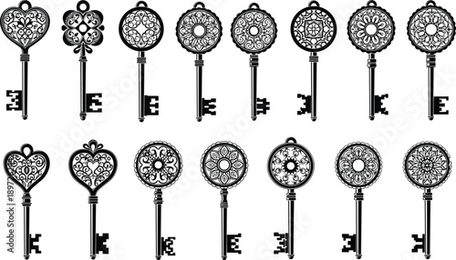 Vintage ornate keys vector illustration with intricate bows, floral motifs, symmetrical decorations, and unique designs, decorative black-and-white artwork for antique, fantasy, and design projects