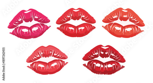 Five vibrant red and pink lipstick kiss marks on a white background.