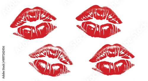 Four vibrant red lipstick kiss prints on a white background.