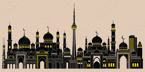 Islamic cityscape vector illustration with domes, minarets, arches, and crescent moons, traditional and modern architecture design blending cultural heritage and contemporary urban elements