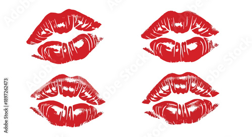 Vibrant Red Lipstick Kiss Marks Collection on White Background.