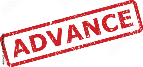 Red grunge ADVANCE rubber stamp with a textured appearance positioned diagonally on a clear white background
