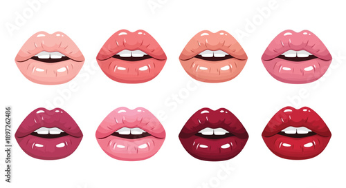 Collection of glossy lips in various shades of pink and red.