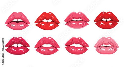 Collection of vibrant glossy lips in various shades of red and pink.