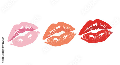Three colorful lipstick kiss marks on a white background.