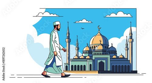 Man walking towards mosque on a peaceful day