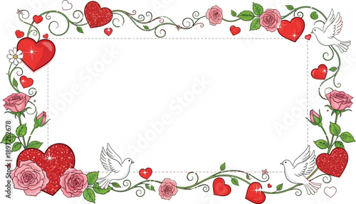 Valentine's Day frame with roses, hearts, doves and glitter