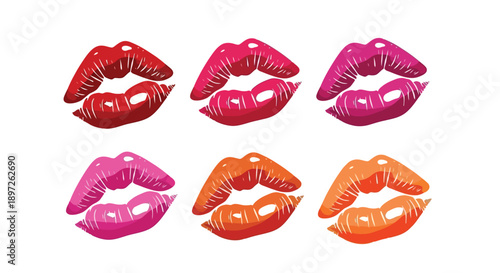 Vibrant collection of six colorful lip prints showcasing various shades of lipstick.