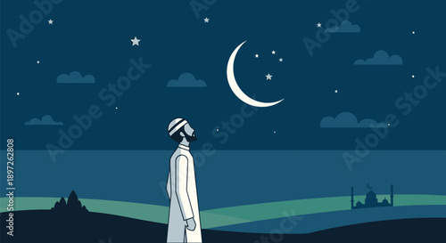 Man standing under night sky with crescent moon and stars