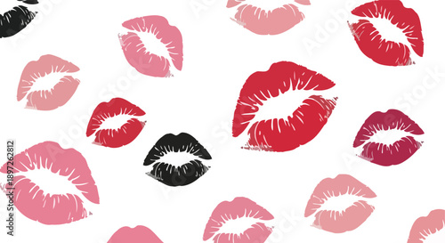 Vibrant lipstick kiss marks in various shades of red, pink, and black.