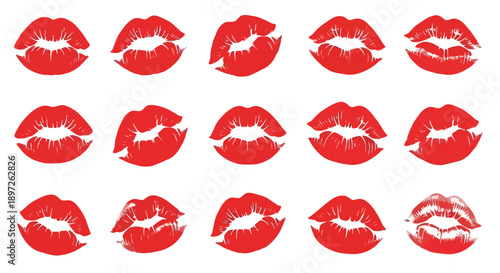 Collection of Red Lipstick Kiss Marks on White Background.