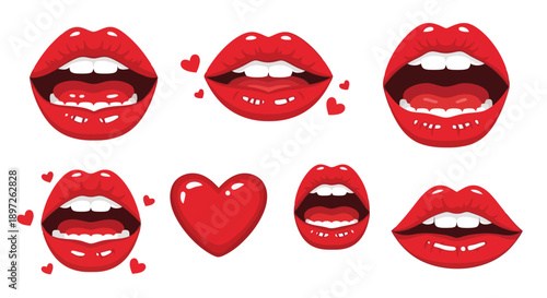 Vibrant red lips and hearts expressing passion and romance.