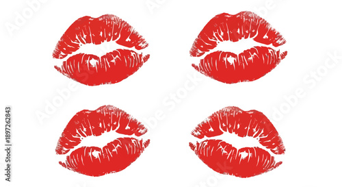 Four vibrant red lipstick kiss marks on a white background.