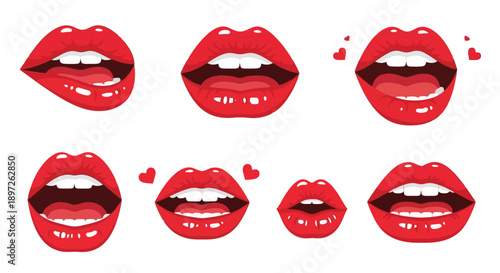 Collection of vibrant red lips in various expressive poses.