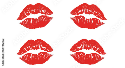 Four vibrant red lipstick kiss marks on a white background.