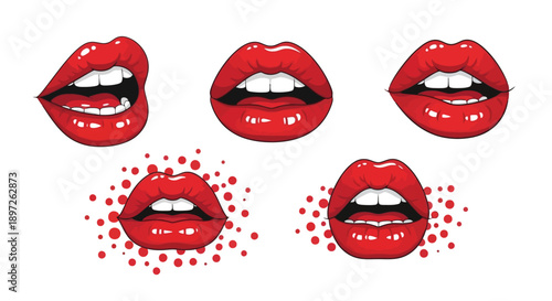 Vibrant Red Lips Collection Expressing Various Emotions and Styles.