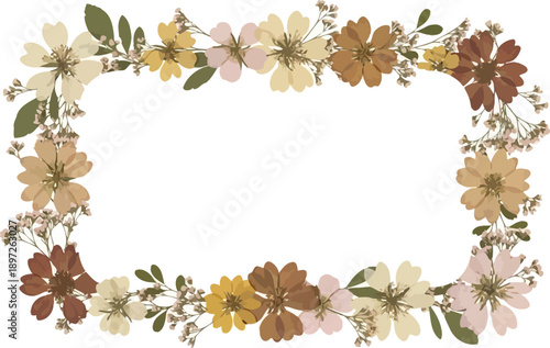 Pressed flower frame with dried blossoms in warm tones