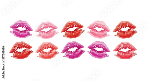 Vibrant collection of colorful lipstick kiss prints on a clean white background.