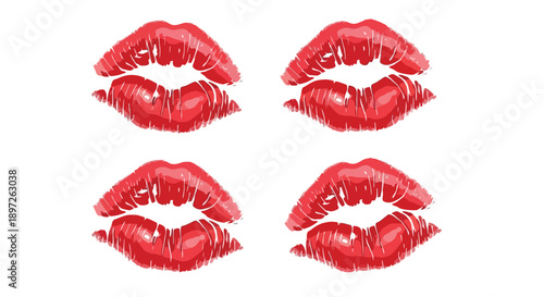 Four vibrant red lipstick kiss marks on a white background.