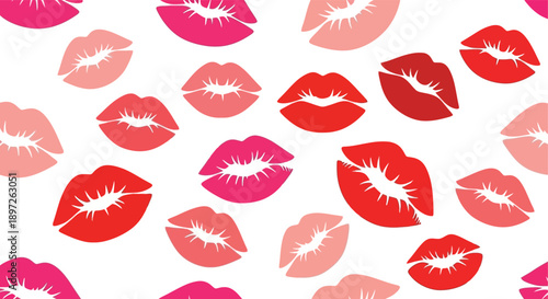 Vibrant lipstick kiss marks scattered across a clean background.