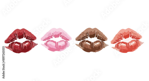 Four distinct lipstick kiss marks in various shades.