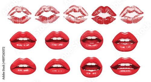 Collection of vibrant red lips and lipstick kiss prints.