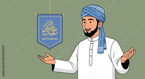 Man wearing traditional clothing and turban with eid mubarak sign