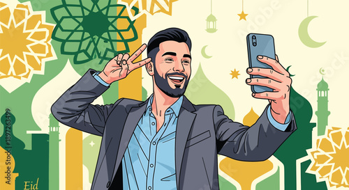 Happy muslim man taking selfie on eid celebration