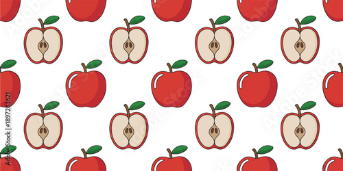 Cute Apple Pattern with Whole and Sliced Fruits Repeating Vector Background