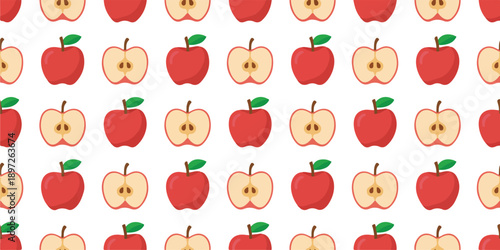 Cute Apple Pattern with Whole and Sliced Fruits Repeating Vector Background