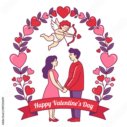 Whimsical illustration of a loving couple holding hands, adorned by a charming heart and leaf wreath, with a playful cupid flying above, perfectly symbolizing romance and heartfelt celebration