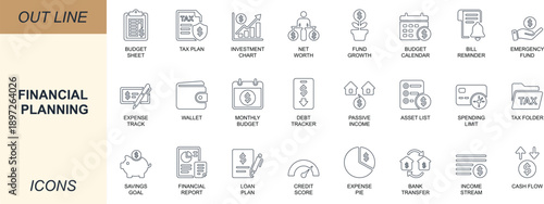 Financial planning line icons. Featuring budget, savings, income, tax, expense, loan, and report symbols. Perfect for apps, UI, fintech, dashboards, and reports.