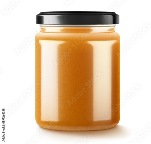Jar with apple jam or compote isolated on white background. Homemade apple jam in a glass jar. Realistic 3d vector illustration. Mockup for your brand.