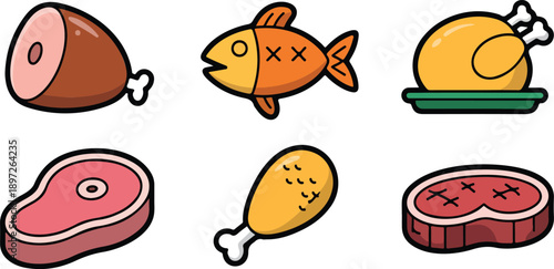 Meat and Seafood Food Icons Collection in Flat Vector Style