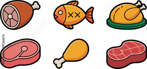 Meat and Seafood Food Icons Collection in Flat Vector Style