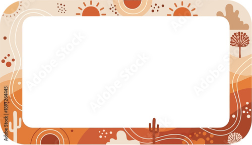 Desert landscape frame with cactus and sun in warm tones