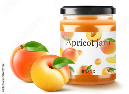 Jar with Apricot or peach jam isolated on white background. Canned apricot in a glass jar with lid and paper label, Realistic 3d vector illustration. Mockup , preserve in packaging.