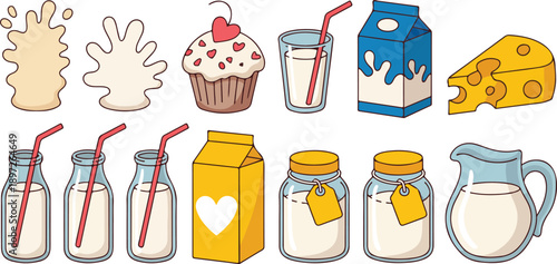 Cute Hand Drawn Milk and Dairy Products Flat Vector Illustration Set