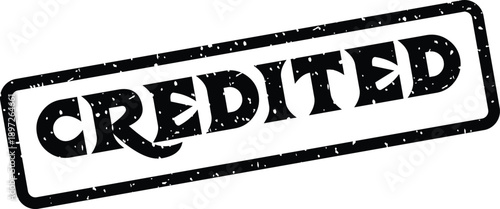 Black distressed rubber stamp featuring the word CREDITED on a clean white background