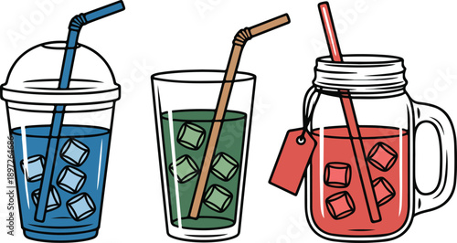 Adorable Iced Coffee and Juice Drink Icons in Hand Drawn Vector Style
