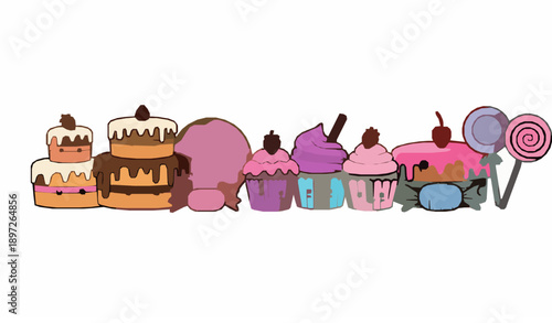 Playful cute desserts vector illustration with cartoon cakes donuts cupcakes and candies