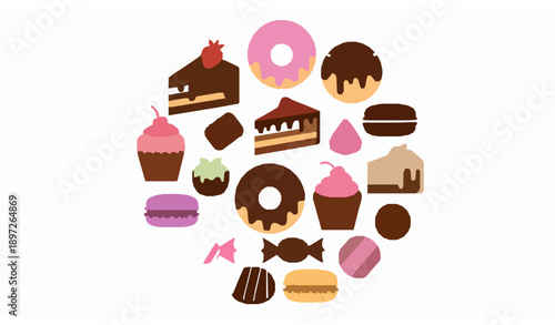 Adorable dessert icons flat cartoon vector illustration set with cakes donuts cupcakes and candies