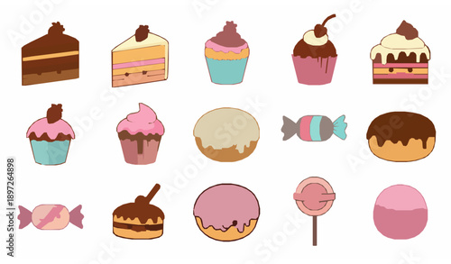 Cute cartoon desserts vector set with cakes donuts cupcakes and candies in flat style